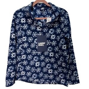 Lands End Fleece Quarter Zip Pullover Top Navy Snowflake Print Womens NWT Winter